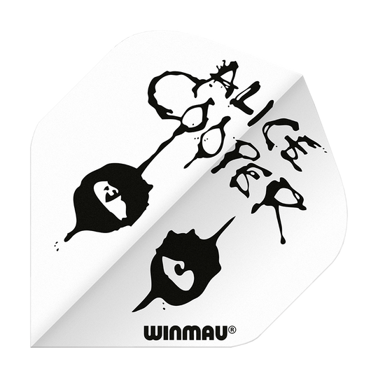 Das Bild zeigt ein weißes Dart-Flight mit dem Schriftzug "Alice Cooper" und schwarzen Grafiken im Tintenfleck-Stil. Unten steht das Markenlogo "Winmau".