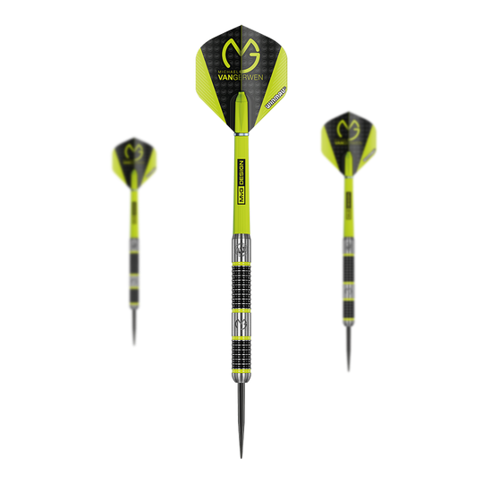 Winmau Michael Van Gerwen MvG Aspire Steeldarts Das Bild zeigt drei Winmau Michael Van Gerwen MvG Aspire Steeldarts. Die Darts sind schwarz-gelb gestaltet und tragen das MvG-Logo auf den Flights.