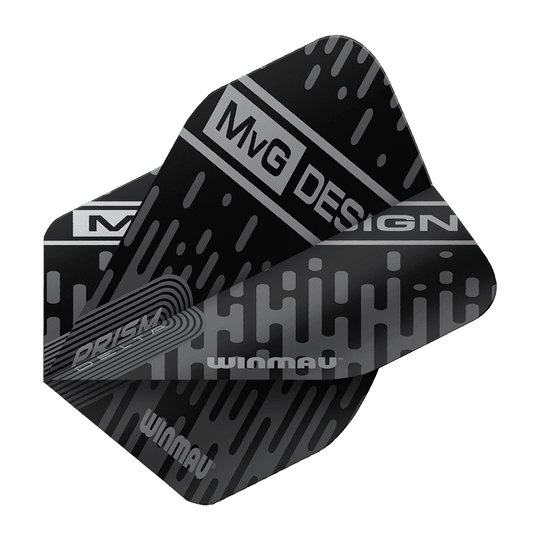 Das Bild zeigt ein schwarzes Dart-Flight mit dem Aufdruck "MvG Design" und "Winmau". Das Design ist modern mit silbernen Mustern und Linien gestaltet.