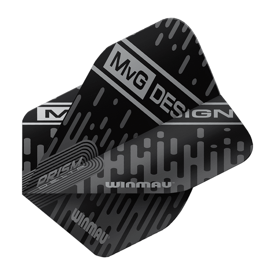 6915-214_Winmau_Prism_Delta_MvG_6915-214_Standard_Flights_2 Das Bild zeigt ein schwarzes Dart-Flight mit dem Aufdruck "MvG Design" und "Winmau". Das Design ist modern mit silbernen Mustern und Linien gestaltet.