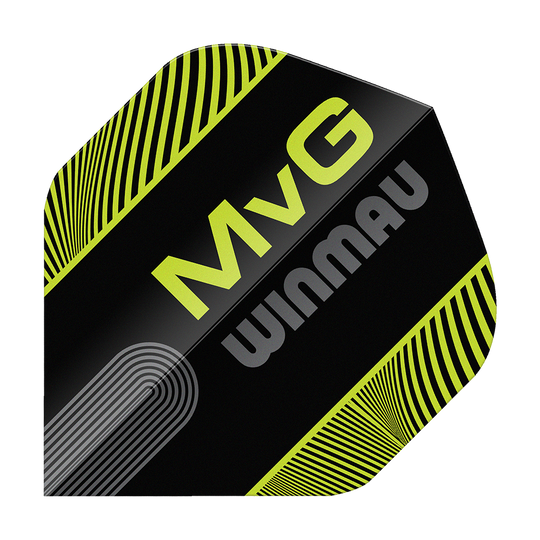 Winmau Prism Delta MvG Czarno-zielony tekst nr 2 Standardowe loty Zu sehen ist das Produkt Winmau Prism Delta MvG Black Green Text No2 Standard Flights. Die Flights sind für Darts, in den Farben Schwarz und Grün mit Text.