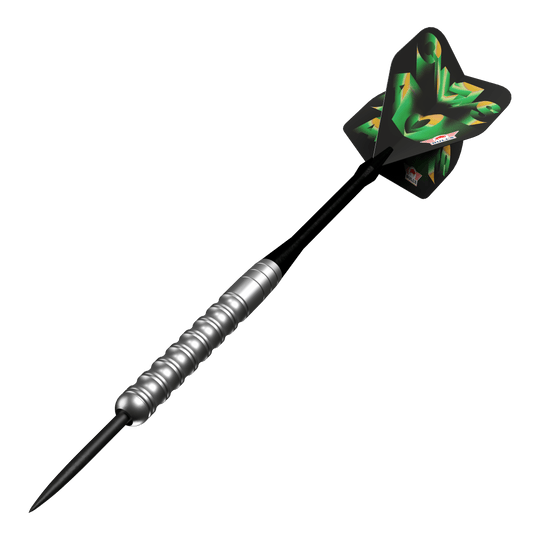 Das Bild zeigt die Bulls NL Chaos Green Steeldarts - 24g. Die grünen Steeldarts sind nebeneinander angeordnet.
