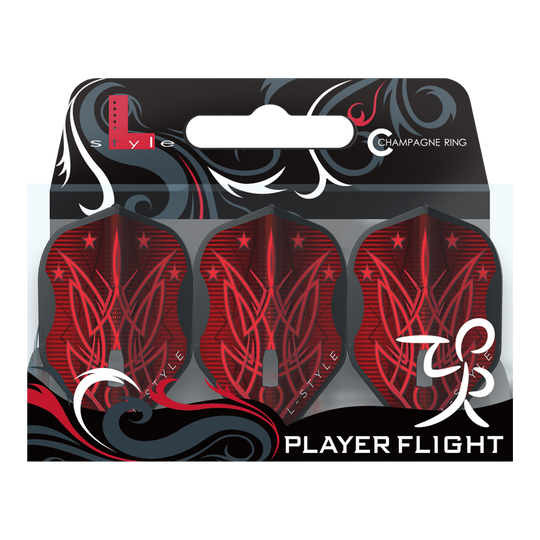 Das Bild zeigt eine Verpackung mit drei roten Dartflights der Marke L-Style, Modell "Lisa Ashton V3 L1PRO Black Flights". Die Flights haben ein auffälliges, grafisches Design mit Sternen und Linien.