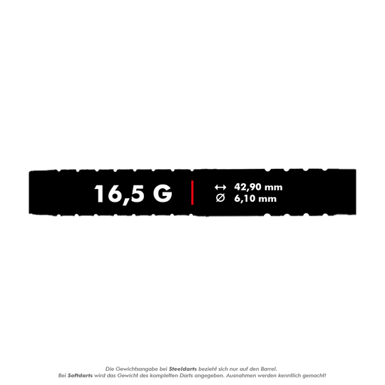 McDart 85 Tungsten V15 Softdarts - 16,5g Das Bild zeigt die technischen Daten des Produkts "McDart 85er Tungsten V15 Softdarts - 16,5g". Der Dart wiegt 16,5 Gramm, ist 42,90 mm lang und hat einen Durchmesser von 6,10 mm.