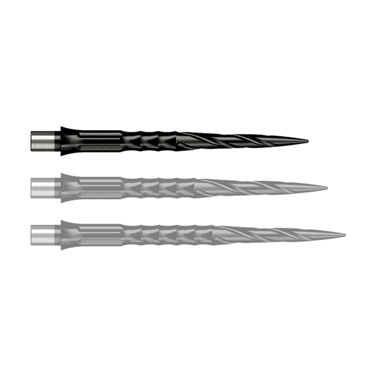 Das Bild zeigt Steeldartspitzen aus der Datei 'EVO007_Caliburn_Evo_System_Steeldartspitzen_Spiro_NoLip_Black_28mm_1_(1)'. Eine einzelne schwarze Dartspitze ist deutlich sichtbar.