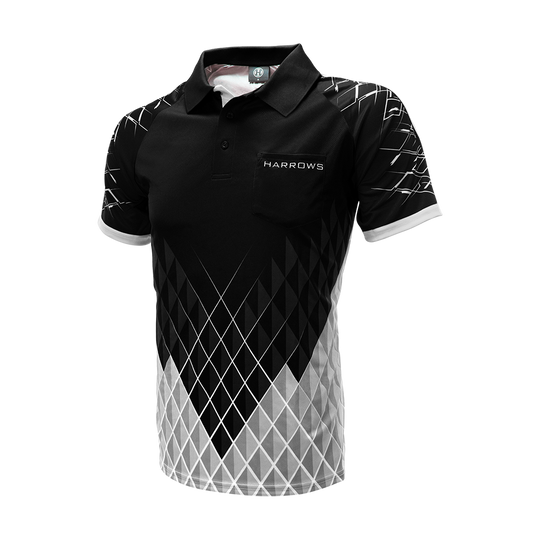HRS-26432_Harrows_Paragon_Dartshirt_Weiss_3 Das Bild zeigt das Harrows Paragon Dartshirt in Weiß mit schwarzem Kragen und geometrischem Muster. Auf der Brust befindet sich das Harrows-Logo.