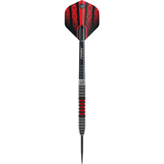 1462_Winmau_Joe_Cullen_90_Steeldarts_1lPqaDJsQbZd4l Das Bild zeigt einen Winmau Joe Cullen Steeldart. Der Dartpfeil hat rote und schwarze Akzente sowie ein sternenverziertes Flight-Design.