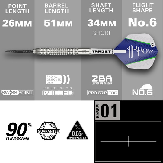 Lotki stalowe Target Shane McGuirk GEN1 Swiss Point - 23g Das Bild zeigt den Target Shane McGuirk GEN1 Swiss Point Steeldart mit einem Gewicht von 23g. Die wichtigsten Maße sind: Spitzenlänge 26mm, Barrellänge 51mm, Schaftlänge 34mm (kurz) und Flightform No.6.