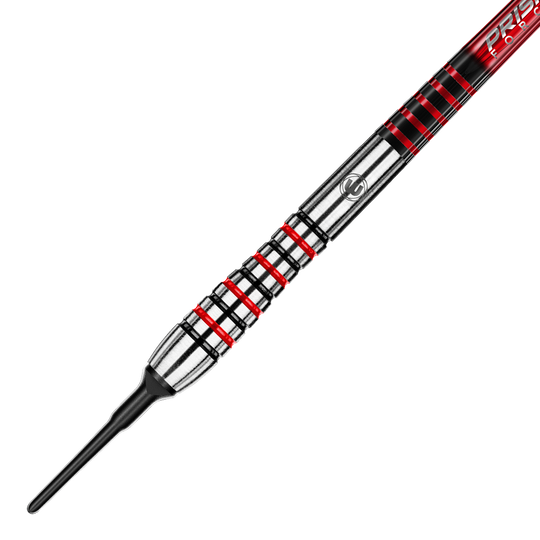 Dies ist ein Softdart mit silbernem und rotem Griffdesign. Die Spitze besteht aus schwarzem Kunststoff.