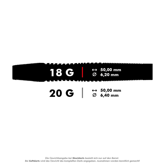 HA33850_Harrows_Toro_Softdarts_5_18g Das Bild zeigt einen Dartpfeil mit der Gewichtsangabe von 18 Gramm. Die Länge beträgt 50,00 mm und der Durchmesser 6,20 mm.