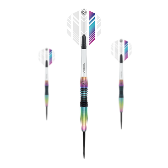 Rzutki stalowe Winmau Elektra Das Bild zeigt drei Winmau Elektra Steeldarts mit weißen Flights und bunten, metallischen Schäften. Die Darts sind modern gestaltet und haben schwarze Spitzen.