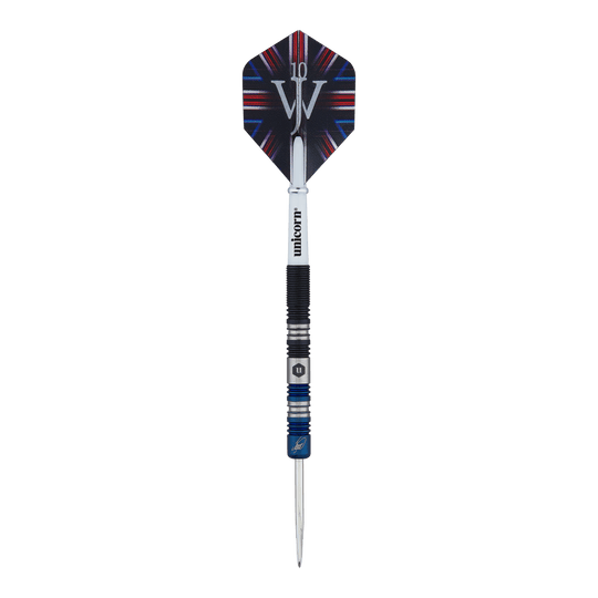 Unicorn The Machine James Wade Dwukolorowe stalowe lotki Das Bild zeigt einen Steeldart der Marke "Unicorn The Machine James Wade Two-Tone". Der Dart hat ein schwarz-blaues Design und ein Flight mit einem auffälligen Muster.