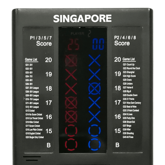 693_QD7800260_XQMax_Singapore_Darts_Counter_2 Das Bild zeigt den XQMax Singapore Darts Counter, ein elektronisches Anzeigegerät für Dartspiele. Es besitzt eine digitale Anzeige für die Punktestände sowie eine Übersicht verschiedener Spielmodi auf beiden Seiten des Displays.