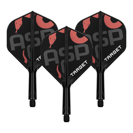 Auf dem Bild sind drei schwarze Dartflights mit Schäften zu sehen. Die Flights tragen die Aufschrift "ASP" und "TARGET" sowie ein rotes Schlangenmotiv.