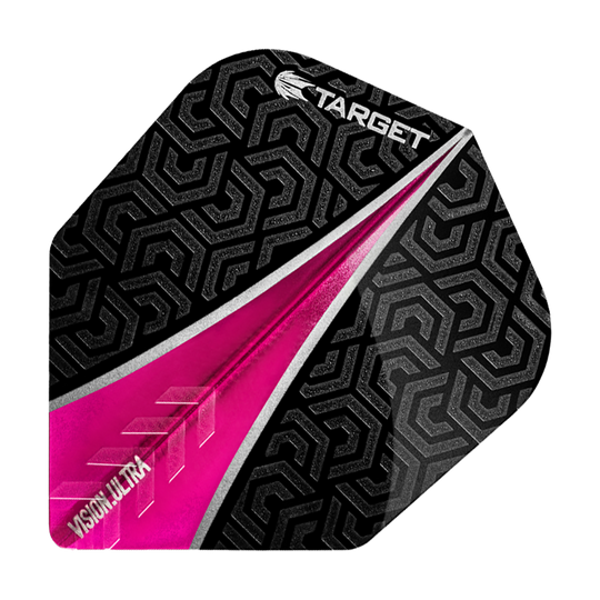Das Bild zeigt ein Dartflight mit dem Namen "Target Vision Ultra Pink No6 Flights". Es hat ein schwarzes Muster mit einem auffälligen pinken Streifen in der Mitte.