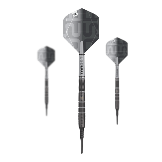 Das Bild zeigt drei Target Nathan Aspinall X Echo Softdarts mit einem Gewicht von 18g. Die Darts haben ein modernes, silbergraues Design und sind deutlich mit dem Markennamen "TARGET" beschriftet.