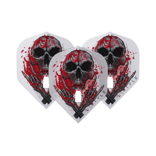 Das Bild zeigt drei L-Style Ryan Searle V3 L1PRO Clear White Flights. Die Flights sind mit einem großen Totenkopf und roten Farbspritzern bedruckt.