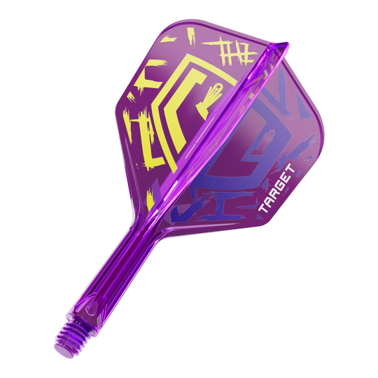 Target K-Flex Luke Littler Mistrz Świata 2025 No6 Flights Auf dem Bild ist ein lila Dartflight mit der Aufschrift "TARGET" zu sehen. Das Design enthält gelbe und blaue grafische Elemente auf dem Flight.