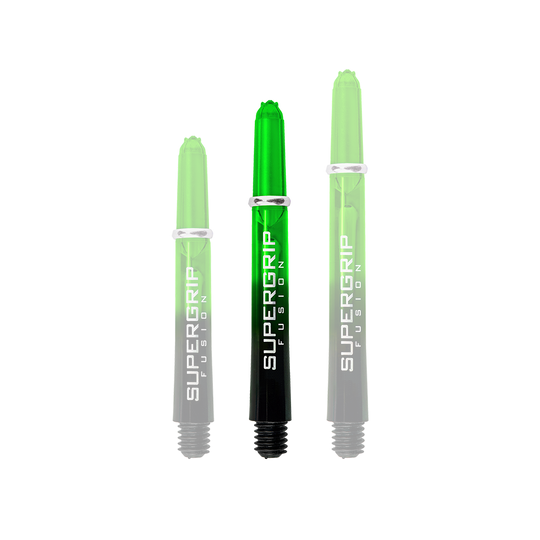 Das Bild zeigt drei grüne Harrows Supergrip Fusion Shafts in unterschiedlichen Längen. Die Schrift "SUPERGRIP FUSION" ist deutlich auf jedem Shaft zu sehen.