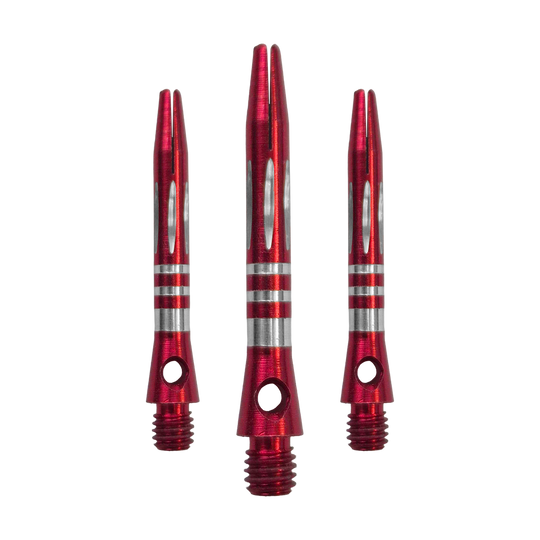 Pierścieniowe aluminiowe wałki szlifowane diamentowo - czerwone - 35 mm Das Bild zeigt ein Set der Ringed Diamond Cut Aluminium Shafts - Rot - 35 mm. Mehrere rote Aluminium-Dartschäfte liegen nebeneinander.