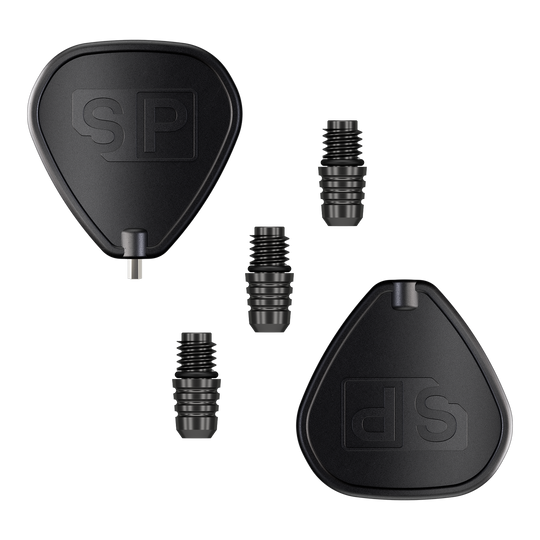 Konwerter Target Swiss Point 2BA – czarny Das Bild zeigt den Target Swiss Point 2BA Converter in Schwarz. Es sind zwei schwarze Adapter und drei kleine Verbindungsteile abgebildet.