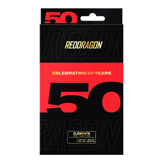 Rzutki stalowe Red Dragon Element 6 C z kolekcji 50 lat - 25 g Red Dragon 50 Year Collection Element 6 C Steeldarts mit 25g Gewicht. Das Bild zeigt die Darts aus der limitierten 50 Jahre Kollektion.