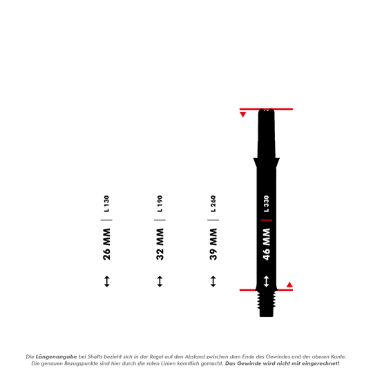 Wałki L-L-Style-Shafts Silent Straight - czarne Das Bild zeigt vier unterschiedlich lange Dartschäfte mit Längenangaben in Millimetern (26 mm, 32 mm, 39 mm und 46 mm). Die Messpunkte für die Längen sind durch rote Linien markiert, und das Gewinde wird bei der Längenermittlung nicht mit einberechnet.