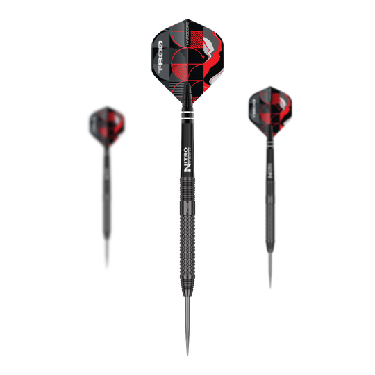 Red Dragon T-800 Steeldarts Das Bild zeigt drei Red Dragon T-800 Steeldarts mit schwarzem Schaft und rot-schwarzen Flights. Die Darts sind modern und robust gestaltet, ideal für Präzisionswürfe.