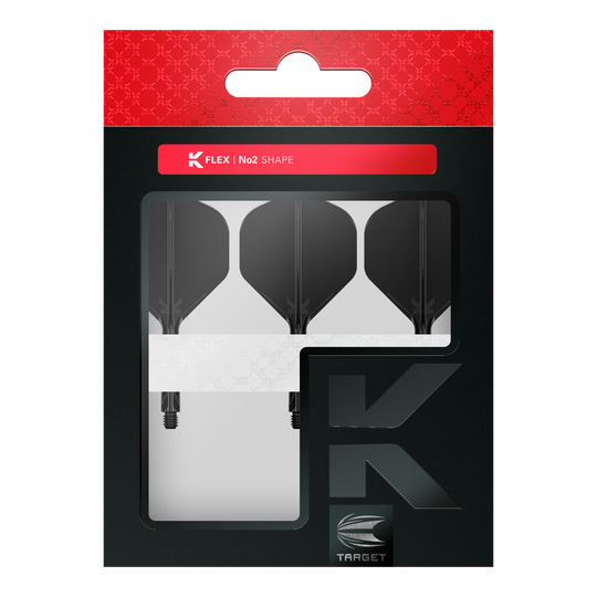 System lotu Target K-Flex No2 Standard – czarny Die Abbildung zeigt eine Verpackung mit drei schwarzen Dartflights der Marke Target in No2-Form. Die Verpackung ist hauptsächlich schwarz mit einem roten oberen Bereich und einem Sichtfenster, das die Flights präsentiert.