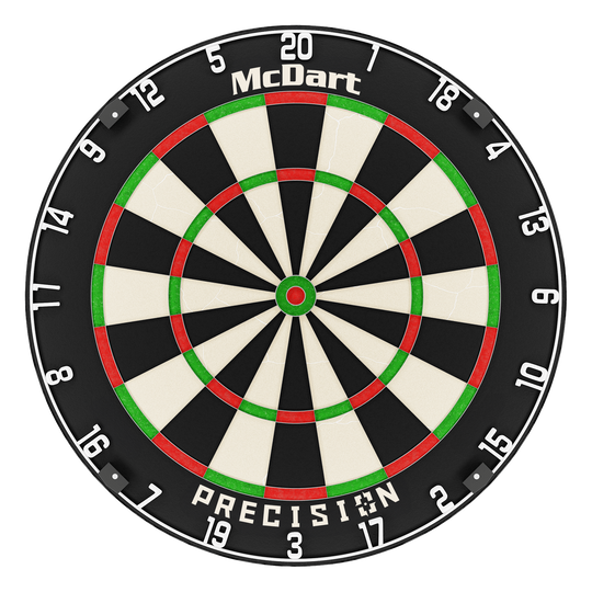Stalowa tarcza do darta McDart Precision Das Bild zeigt eine McDart Precision Steeldartboard. Die Scheibe ist schwarz, weiß, rot und grün gefärbt und hat gut sichtbare Zahlen am Rand.