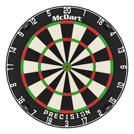 Stalowa tarcza do darta McDart Precision McDart Precision Steeldartboard ist auf dem Bild zentral dargestellt. Die Dartsegmente sind schwarz und weiß.