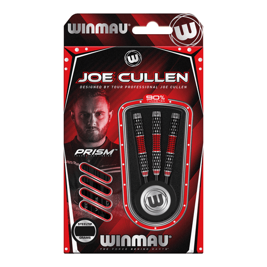 Stalowe lotki Winmau Joe Cullen Rockstar Series RS1 Die Verpackung zeigt die "Winmau Joe Cullen Rockstar Series RS1 Steeldarts". Im Inneren sind drei schwarz-rote Steeldarts zu sehen, die von Profispieler Joe Cullen entworfen wurden.