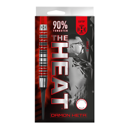 Harrow's Damon Heta Series 3 miękkie lotki Die Abbildung zeigt die Verpackung der "Harrows Damon Heta Series 3 Softdarts". Auf der Verpackung stehen "90% Tungsten" und ein Porträt von Damon Heta im Hintergrund.