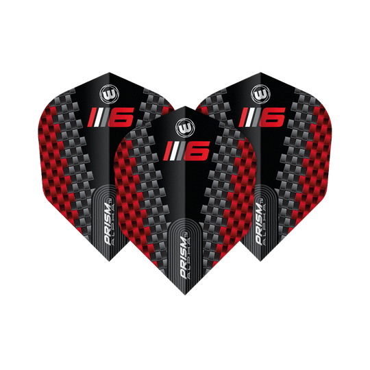 Winmau Prism Alpha Blade 6 Chevron No6 Flights Das Bild zeigt drei Dart-Flights des Modells "Winmau Prism Alpha Blade 6 Chevron No6". Die Flights haben ein schwarzes Design mit roten und silbernen Karomustern sowie der Aufschrift „6“ und „PRISM ALPHA“.