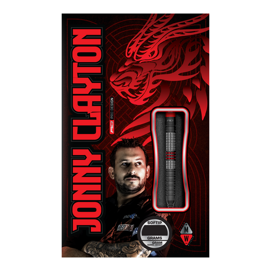 Miękkie rzutki Red Dragon Jonny Clayton Hiraeth - 20g Die Abbildung zeigt die Verpackung der „Red Dragon Jonny Clayton Hiraeth Softdarts - 20g“. Auf der Vorderseite sind der Dart, ein Porträt von Jonny Clayton und ein roter Drachen als Design-Element zu sehen.