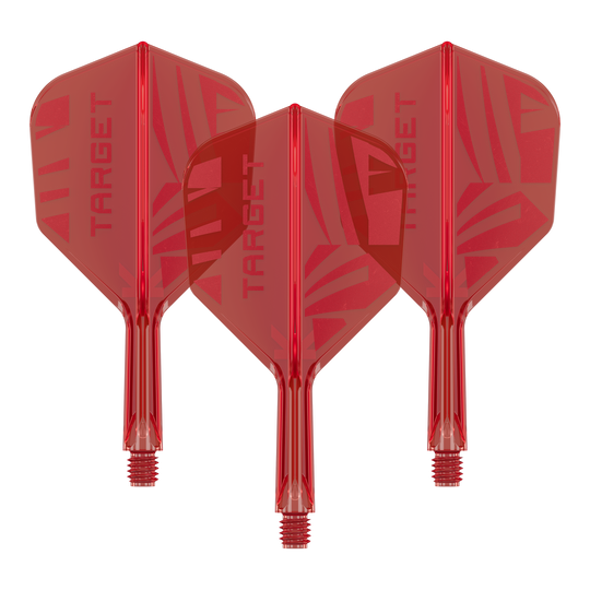 Ein Set von Target K-Flex Red No6 Flights in 19 mm wird im Bild gezeigt. Die Flights sind eng angeordnet.