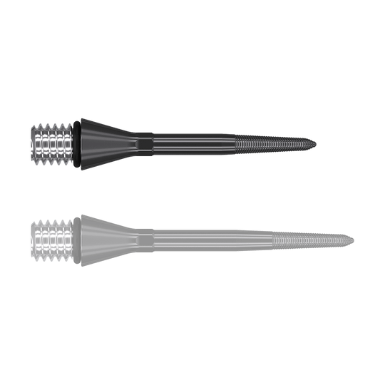 380160_Target_Titanium_Swiss_Point_Nano_Conversion_Points_Schwarz_26mm_1sPIRzikQ81TQh Das Bild zeigt zwei schwarze, spitze Metallaufsätze mit einem Schraubgewinde am breiten Ende. Sie liegen parallel nebeneinander auf weißem Hintergrund.