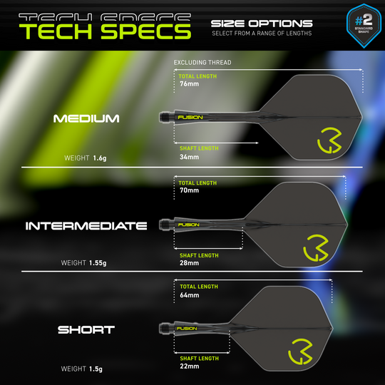 System wału napędowego Winmau Fusion Michael Van Gerwen Pacman No2 Standard Das Bild zeigt die technischen Spezifikationen des Winmau Fusion Flight-Shaft-Systems Michael Van Gerwen Pacman No2 Standard. Es werden drei Größenoptionen (Medium, Intermediate, Short) mit ihren jeweiligen Längen und Gewichten dargestellt.