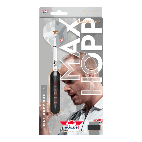 Das Bild zeigt die Bulls NL Max Hopp E5 Softdarts in der Version mit 20 Gramm. Die Darts zeichnen sich durch ihre hochwertige Verarbeitung aus.