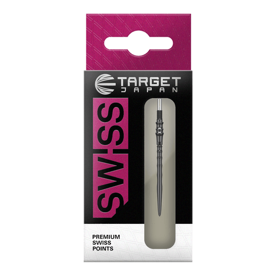 Stalowe groty do lotek Target Japan Premium Swiss Point – czarne Das Bild zeigt die Target Japan Premium Swiss Point Steldartspitzen - Schwarz. Es handelt sich um hochwertige Steeldartspitzen für präzises Dartspiel.