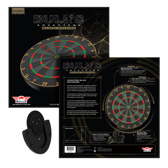 Stalowa tarcza do darta Bulls NL Advantage Black Edition Das Bild zeigt das Bulls NL Advantage Black-Edition Steeldartboard. Dies ist eine schwarze Dartscheibe für Steeldart-Spiele.