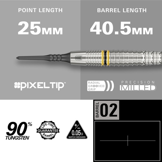 Lotki miękkie Target Scott Williams GEN2 - 18g Das Bild zeigt die Target Scott Williams GEN2 Softdarts mit einer Spitzenlänge von 25 mm und einer Barrel-Länge von 40,5 mm. Der Dart besteht zu 90 % aus Tungsten und verfügt über eine präzise gefräste, radial gerillte Griff-Fläche.