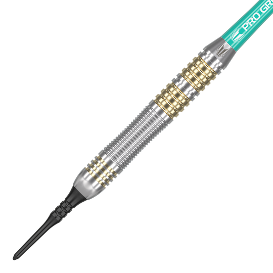 Lotki miękkie Target Rob Cross Brass - 18g Das Bild zeigt einen Target Rob Cross Brass Softdart mit einem Gewicht von 18 Gramm. Der Dartpfeil hat ein silbernes und goldenes Rillen-Design sowie eine schwarze Kunststoffspitze.