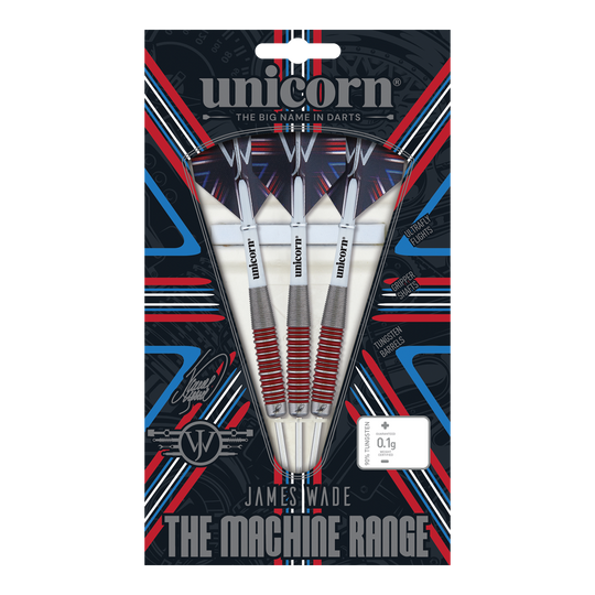 Das Bild zeigt eine Verpackung mit drei Steeldarts der Marke "Unicorn" aus der "James Wade The Machine Range". Die Darts bestehen zu 90% aus Tungsten und haben rote und silberne Akzente.