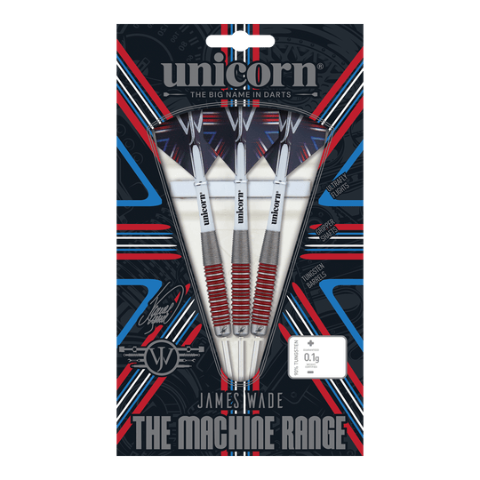 Unicorn The Machine James Wade 90% stalowe rzutki Das Bild zeigt eine Verpackung mit drei Steeldarts der Marke "Unicorn" aus der "James Wade The Machine Range". Die Darts bestehen zu 90% aus Tungsten und haben rote und silberne Akzente.