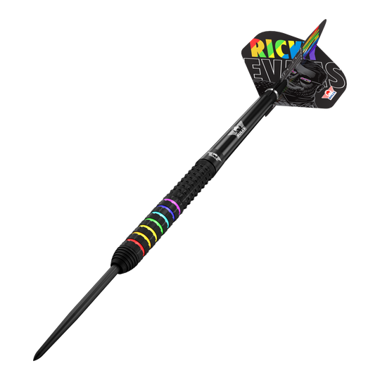 Das Bild zeigt die Bulls NL Ricky Evans Rapid 95 Steeldarts mit 23 Gramm. Die Steeldarts haben ein stilvolles Design und sind für das Dartspiel geeignet.