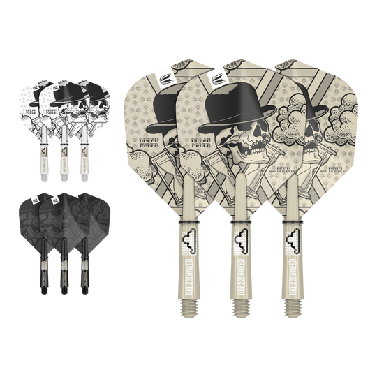Zestaw wałków lotniczych Target Ink Dimitri Van Den Bergh Das Bild zeigt drei unterschiedlich gestaltete Dartflights und -schäfte mit einem Totenkopf-Motiv und dem Text "Dream Maker". Die Designs sind in den Farben Beige, Schwarz und Weiß gehalten.