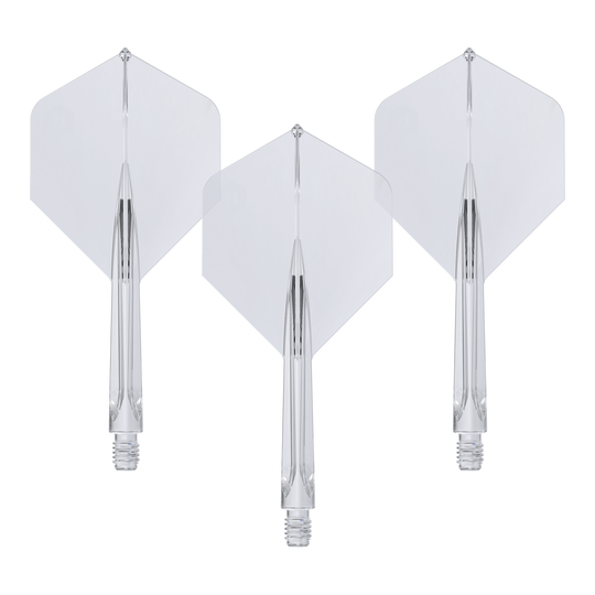 Das Bild zeigt drei klare, mittellange Unicorn Forge All In One Plus No2 Standard Flights. Sie sind durchsichtig und haben eine integrierte Flight- und Schaft-Konstruktion.