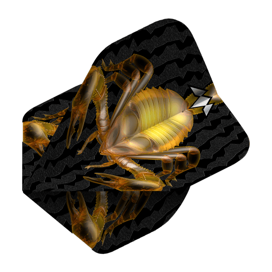 Misja Solo Scorpion nr 2 Standardowe loty Das Bild zeigt ein schwarzes Dartflugblatt mit einem goldenen Skorpion-Design in der Mitte. Im Hintergrund sind wellenförmige Muster zu sehen.