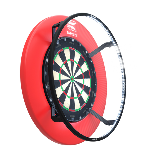 System oświetlenia tarczy LED Target CORONA Vision Das Bild zeigt das Target CORONA Vision LED Dartboard-Beleuchtungssystem an einer Dartscheibe montiert. Ein LED-Ring sorgt für eine gleichmäßige Ausleuchtung der gesamten Spielfläche.
